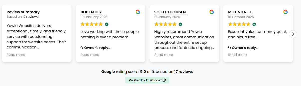 Customer review summary showing a 5.0 out of 5 Google rating based on 17 reviews for Yowie Websites, with highlighted recent five-star reviews verified by Trustindex.